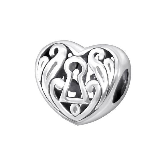 Sterling Silver Heart Lock Charm Bead - Picture 1 of 11